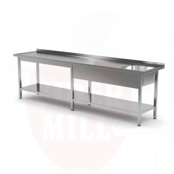 Tisch 2200x600x850mm, 1 Spülbecken rechts, mit Regal, Edelstahl