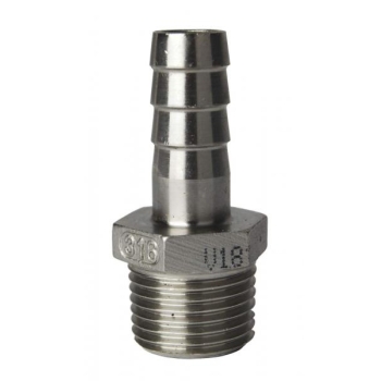 Male Hose Fitting, serrated hose shank and hexagon|octagon - Stainless Steel AISI 316