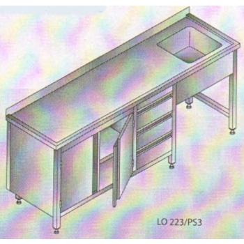 Ruostumaton pöytä 2400x600x850 mm, pesuallas oikealla, laatikot ja kaappi alla