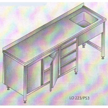 Nerūdijantis stalas 2400x600x850mm, kriauklė dešinėje, stalčiai ir spintelė apačioje