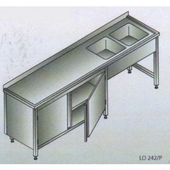 Ruostumaton pöytä 2000x700x850 mm, 2 allasta oikealla, kaappi alla