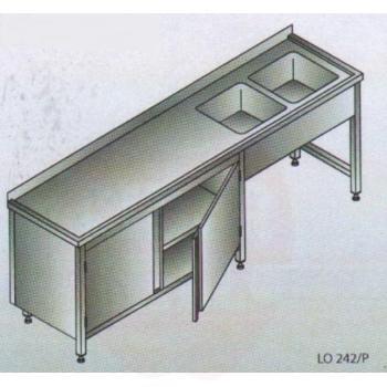 Nerūdijantis stalas 2000x700x850mm, 2 kriauklės dešinėje, spintelė apačioje