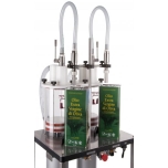 TWIN HEAD VERTICAL VOLUMETRIC FILLER FOR DOSES FROM 250 UP TO 5000 ml NO-RETURN VALVES AND NOZZLES WITH GRIDS