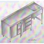 Edelstahltisch 2400x600x850mm, Waschbecken rechts, Schubladen und Schrank unten